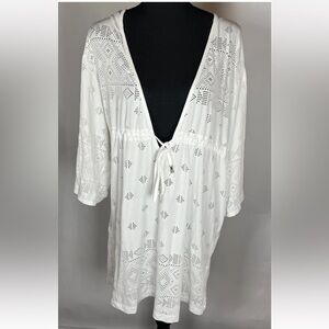 Dotti White 3/4 Sleeve V-Neck Dress Swimsuit Cover Up SzL